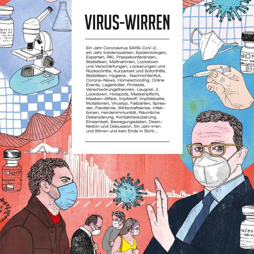 Medical workers and virus particles during coronavirus pandemic illustration by Tobias Göbel