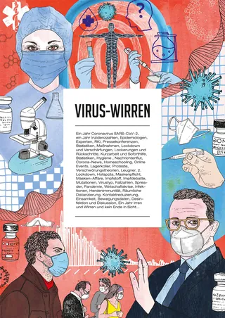 Medical workers and virus particles during coronavirus pandemic illustration by Tobias Göbel