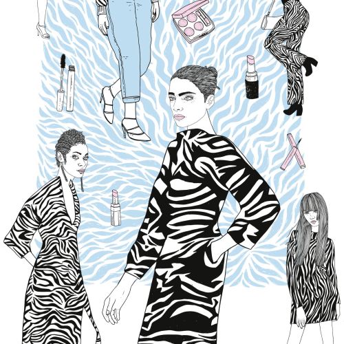 Fashion illustration with women, zebra patterns, and a zebra by Tobias Göbel