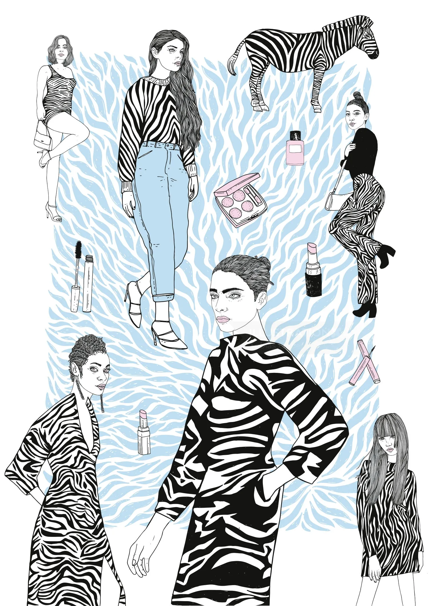 Fashion illustration with women, zebra patterns, and a zebra by Tobias Göbel