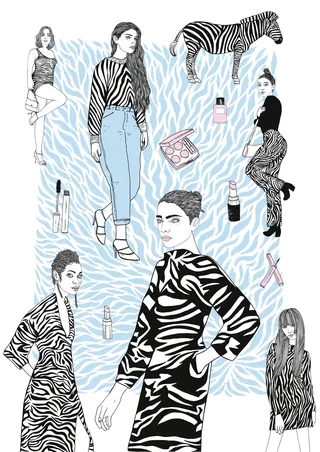 Fashion illustration with women, zebra patterns, and a zebra by Tobias Göbel