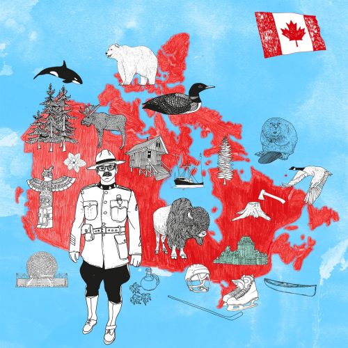 Illustrated map of Canada with animals, landmarks, and cultural symbols by Tobias Göbel