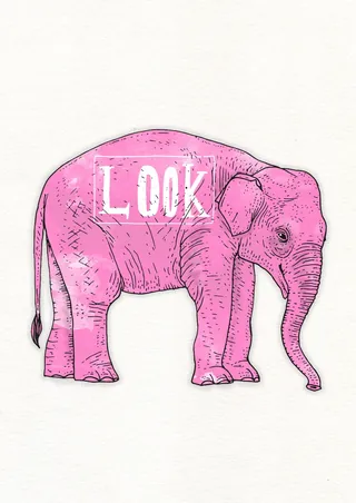 Pink elephant illustration with 'LOOK' text by Tobias Göbel