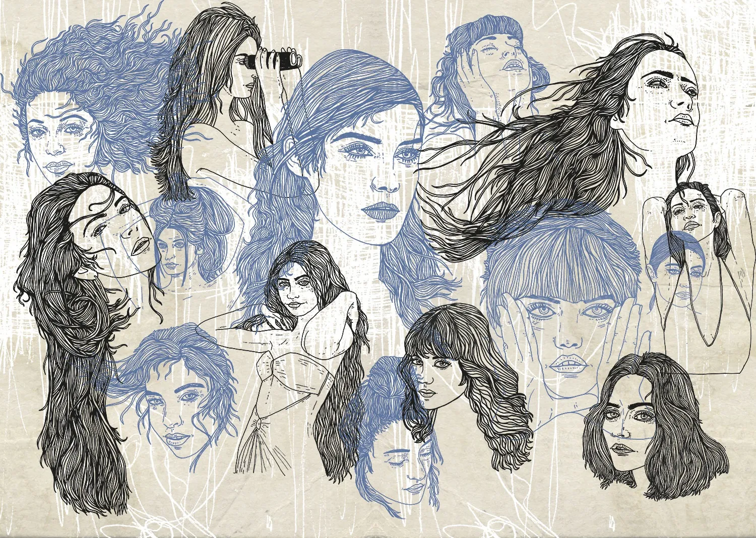 Sketches of female portraits with various expressions and hairstyles by Tobias Göbel