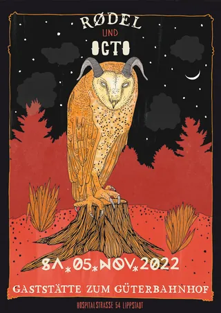 Illustrated owl on tree stump at night with event text by Tobias Göbel