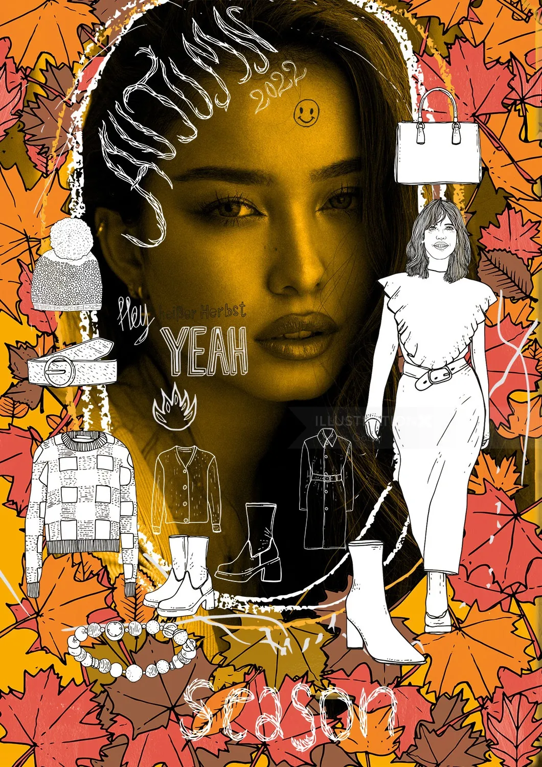 Portrait of a woman with autumn leaves and fashion sketches by Tobias Göbel