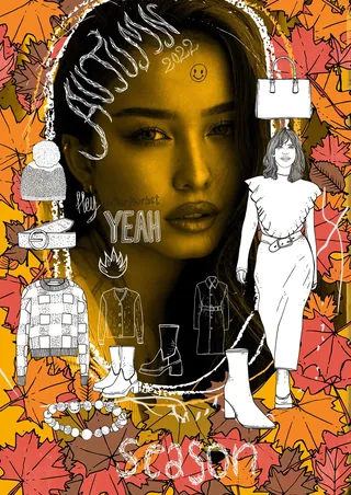 Portrait of a woman with autumn leaves and fashion sketches by Tobias Göbel