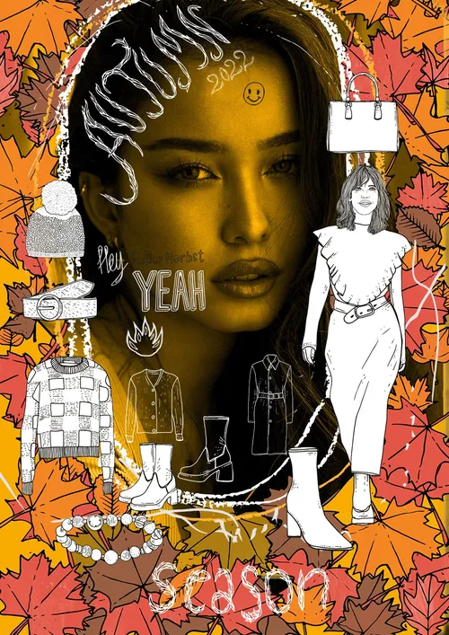 Portrait of a woman with autumn leaves and fashion sketches by Tobias Göbel