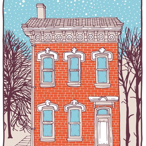 Tobias Göbel による、雪の降る冬の風景の中に 6 つの窓がある赤レンガの住宅