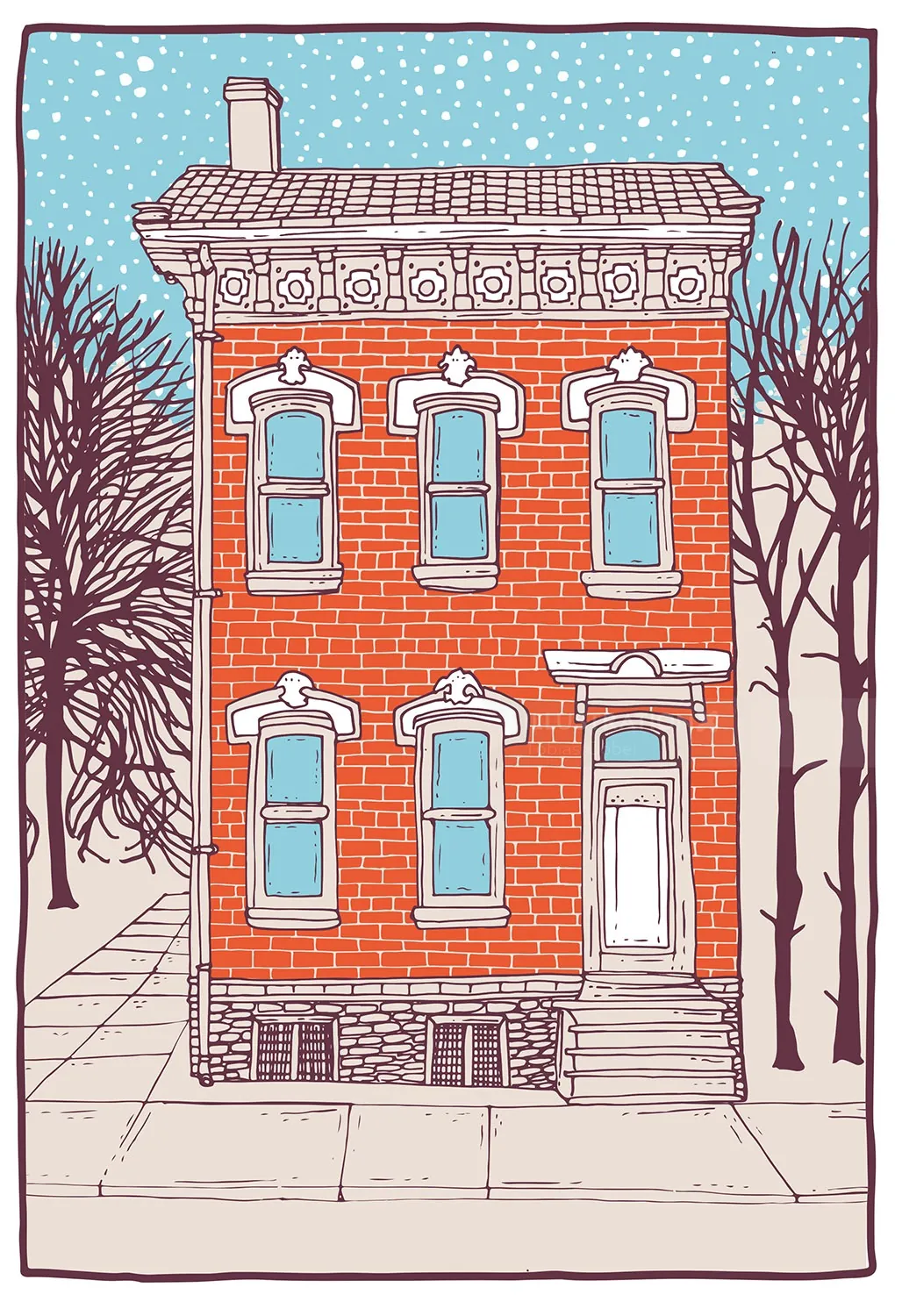 Red brick residential building with six windows in snowy winter scene by Tobias Göbel