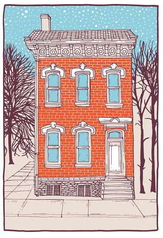 Red brick residential building with six windows in snowy winter scene by Tobias Göbel