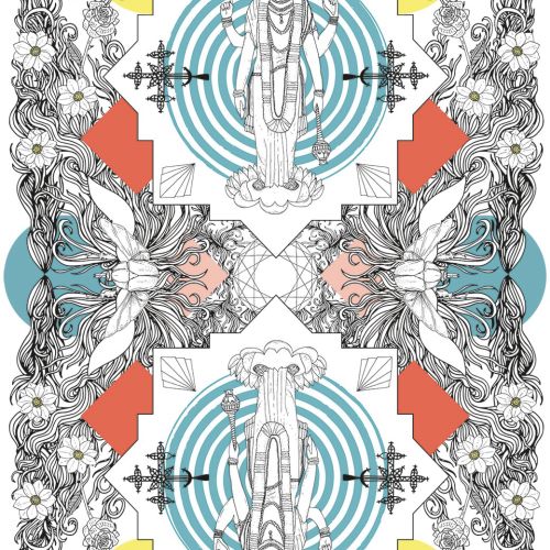 Detailed symmetrical illustration with mirrored figures and geometric shapes by Tobias Göbel
