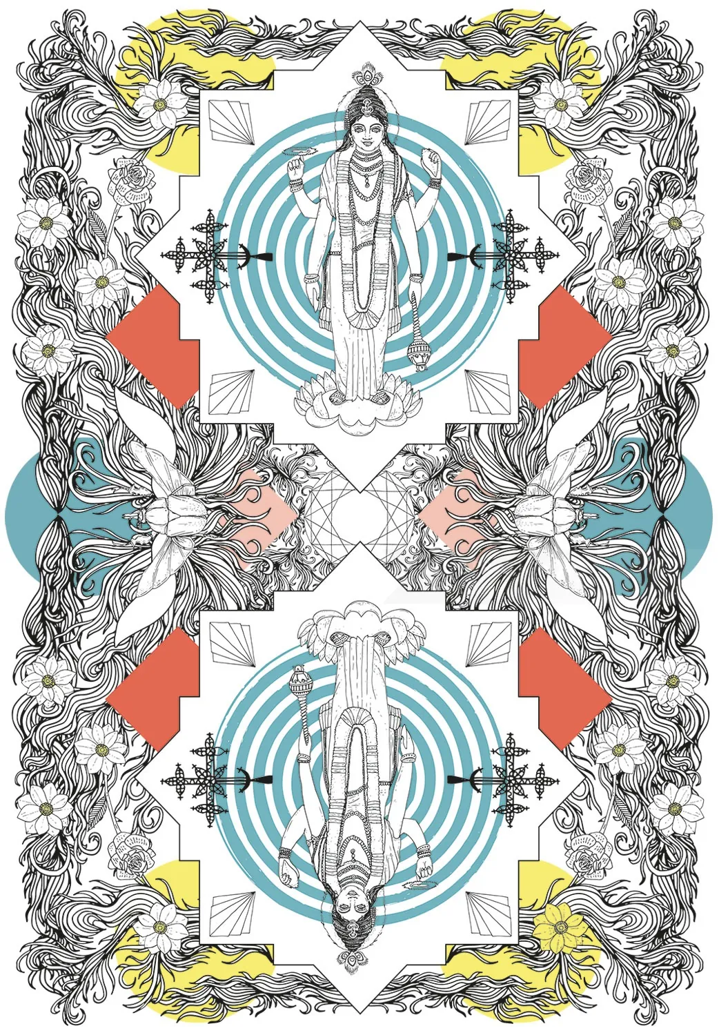 Detailed symmetrical illustration with mirrored figures and geometric shapes by Tobias Göbel