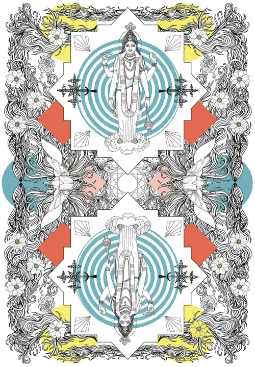Detailed symmetrical illustration with mirrored figures and geometric shapes by Tobias Göbel