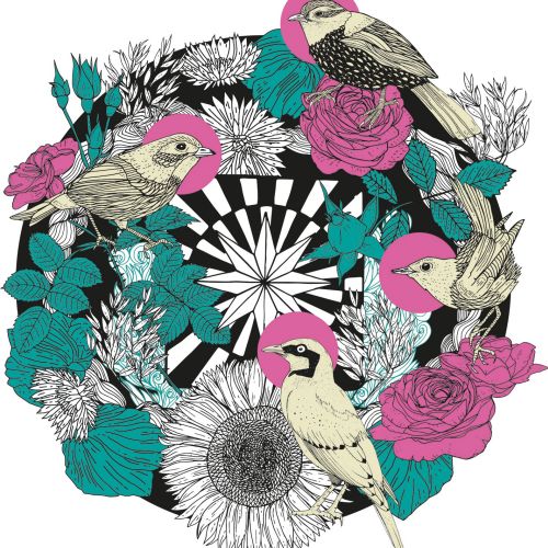 Illustration of four birds with pink head markings among flowers and geometric pattern by Tobias Gö