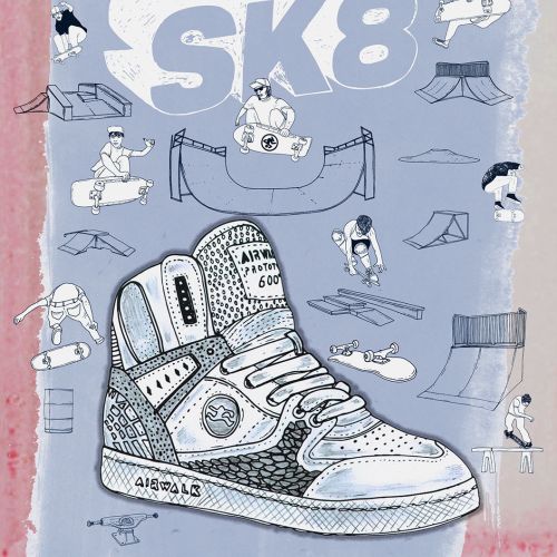 Illustration of skateboarding sneaker and skaters on ramps by Tobias Göbel