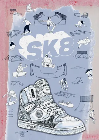 Illustration of skateboarding sneaker and skaters on ramps by Tobias Göbel