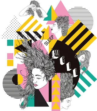Abstract female profiles with geometric patterns and word 'SLEEP' by Tobias Göbel
