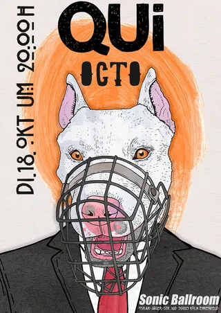 White dog wearing a muzzle with orange background, event poster by Tobias Göbel