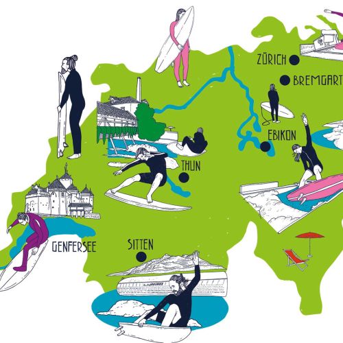 Illustrated map of Switzerland with watersports and lakes by Tobias Göbel