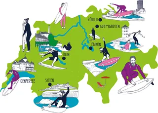 Illustrated map of Switzerland with watersports and lakes by Tobias Göbel
