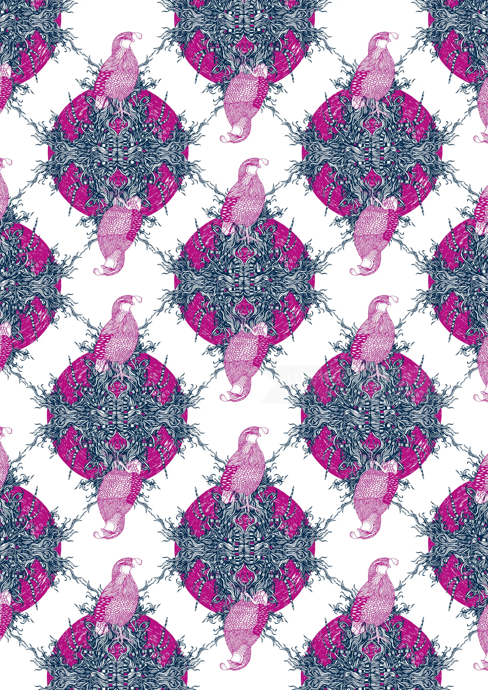 Decorative pattern with pink parrots and blue floral mandalas by Tobias Göbel