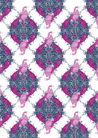 Decorative pattern with pink parrots and blue floral mandalas by Tobias Göbel
