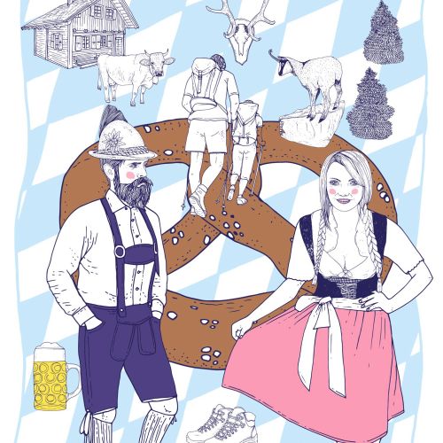 Bavarian couple in traditional dress with pretzel, deer, and alpine cabin by Tobias Göbel