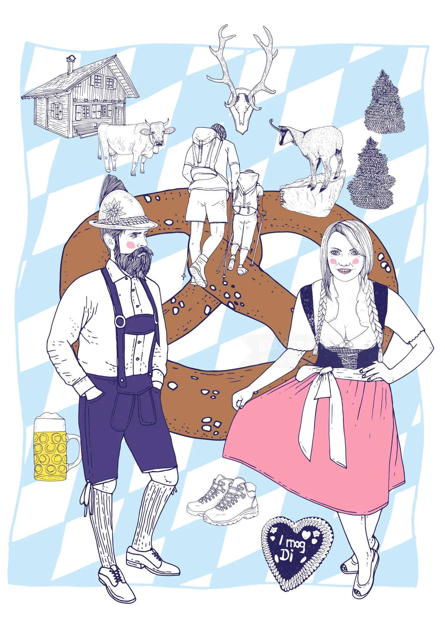 Bavarian couple in traditional dress with pretzel, deer, and alpine cabin by Tobias Göbel
