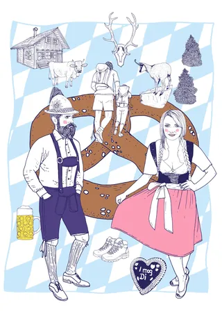Bavarian couple in traditional dress with pretzel, deer, and alpine cabin by Tobias Göbel