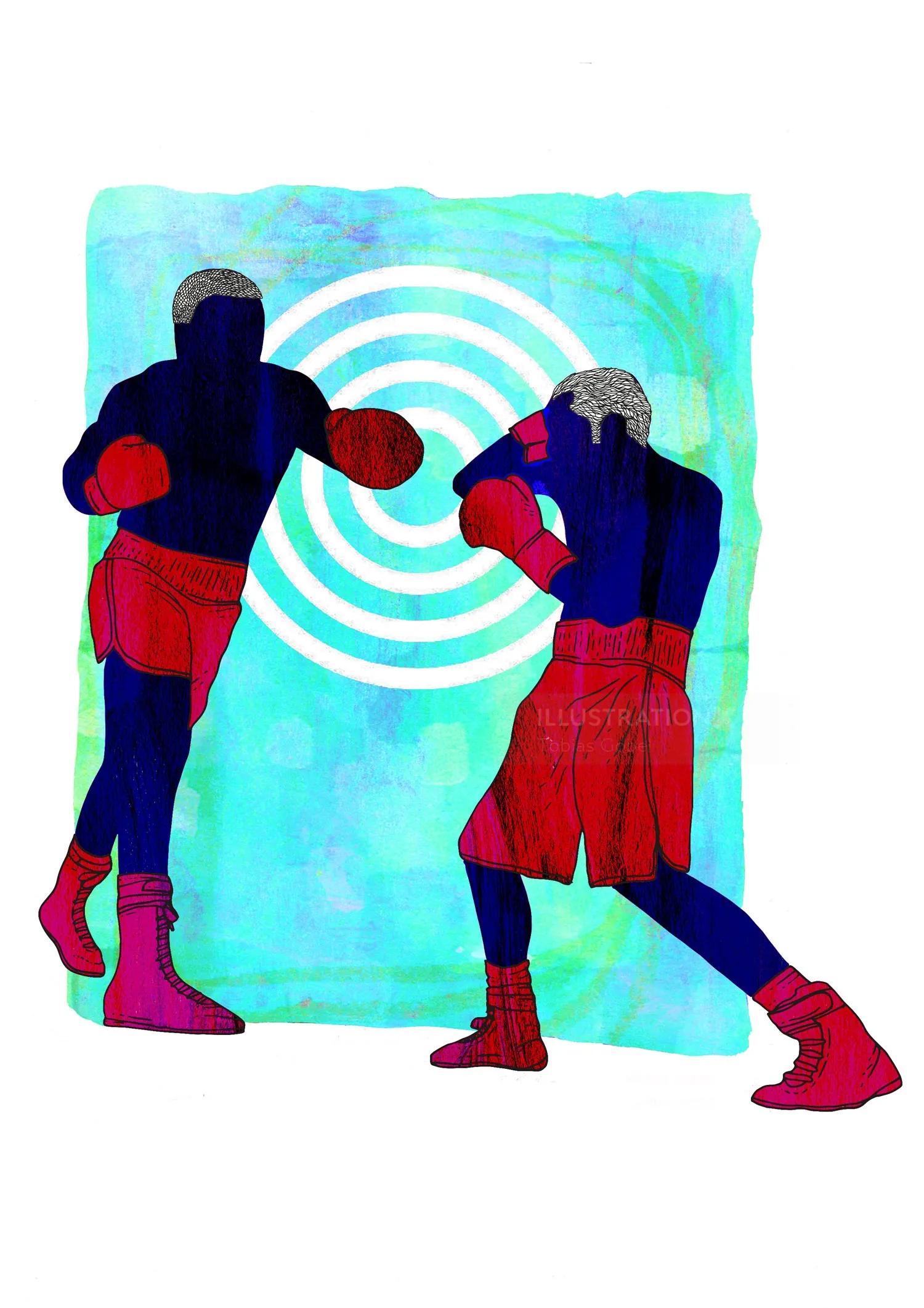 Abstract boxing match between two fighters wearing red gloves and shorts by Tobias Göbel