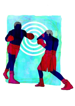 Abstract boxing match between two fighters wearing red gloves and shorts by Tobias Göbel