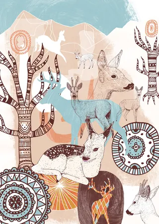Abstract illustration of forest animals and decorative trees by Tobias Göbel