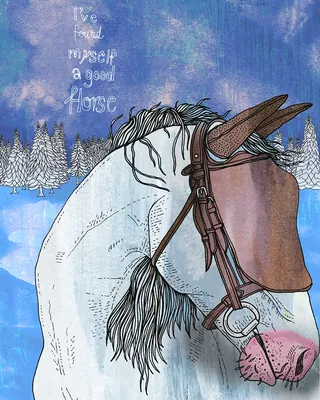 White horse wearing a brown fly mask in a snowy forest, illustration by Tobias Göbel