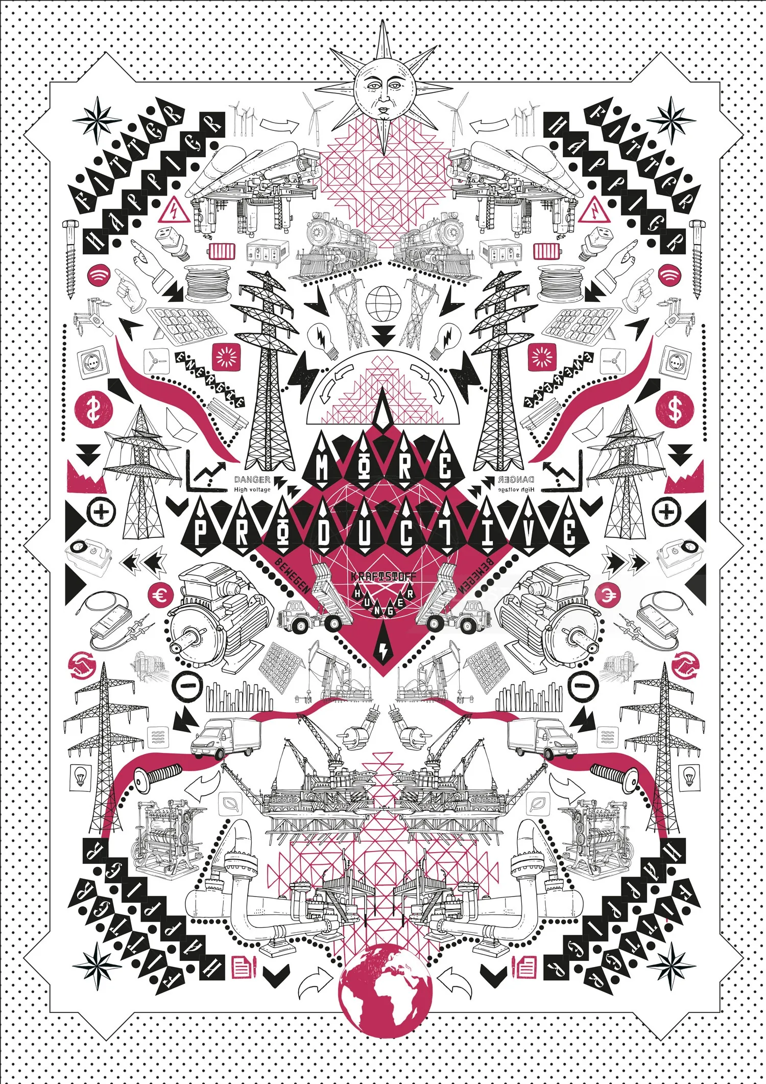 Symmetrical abstract artwork with geometric shapes and symbolic icons by Tobias Göbel