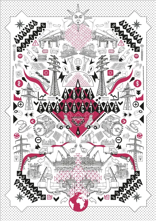 Symmetrical abstract artwork with geometric shapes and symbolic icons by Tobias Göbel