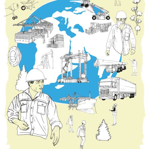 Construction and engineering illustration showing machinery and workers by Tobias Göbel
