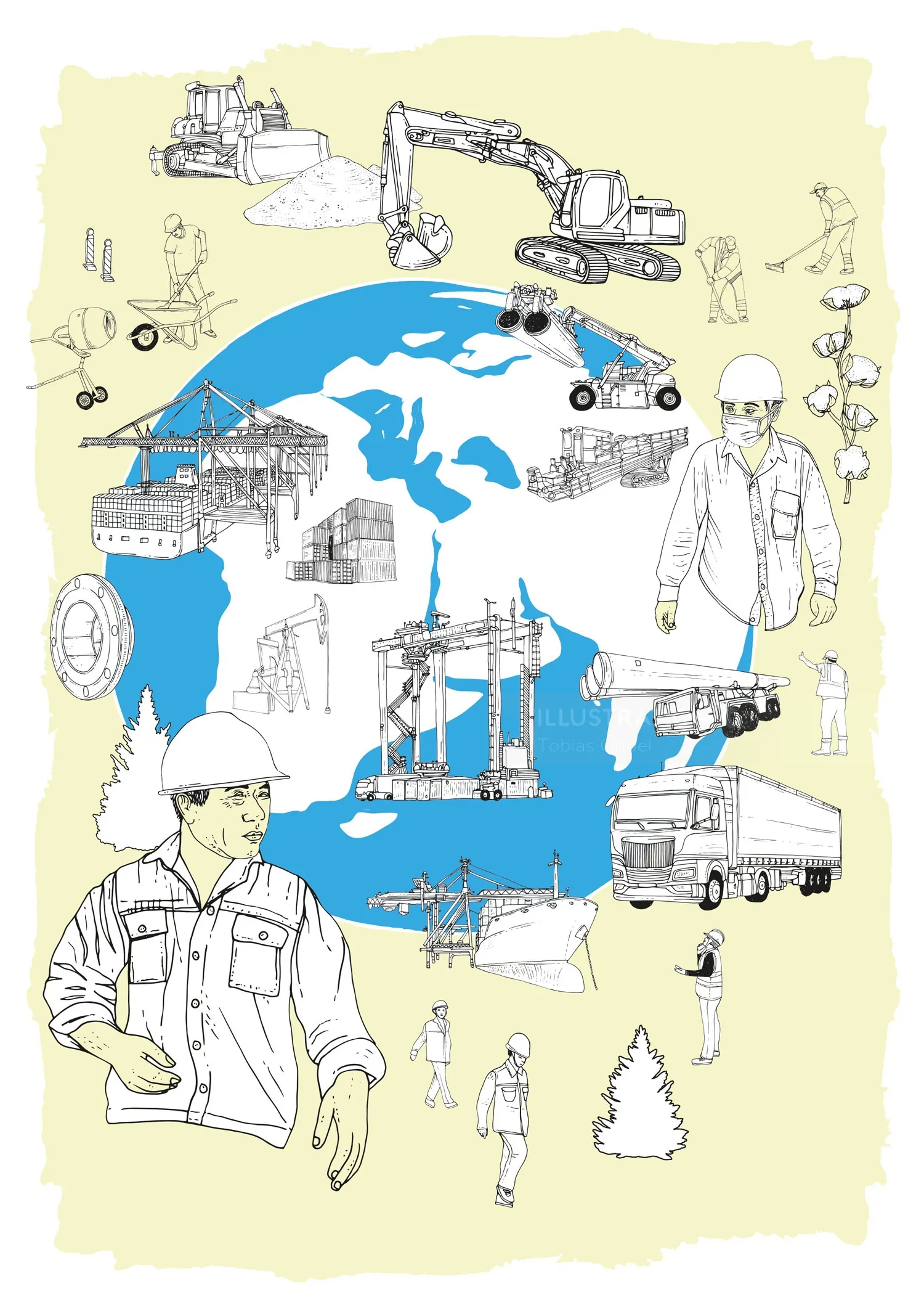 Construction and engineering illustration showing machinery and workers by Tobias Göbel