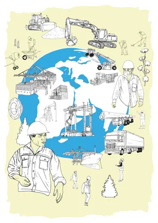 Construction and engineering illustration showing machinery and workers by Tobias Göbel