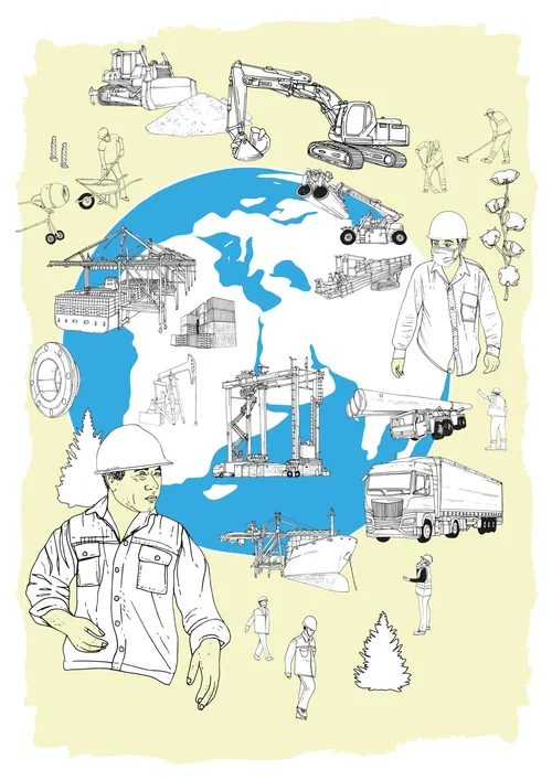Construction and engineering illustration showing machinery and workers by Tobias Göbel