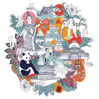 Colorful Asian cultural symbols and animals illustration by Tobias Göbel