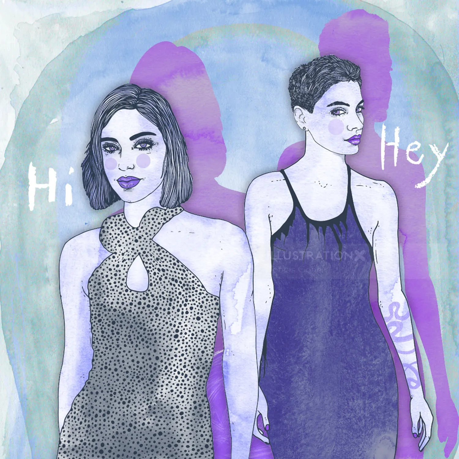 Watercolor painting of two women greeting, by Tobias Göbel