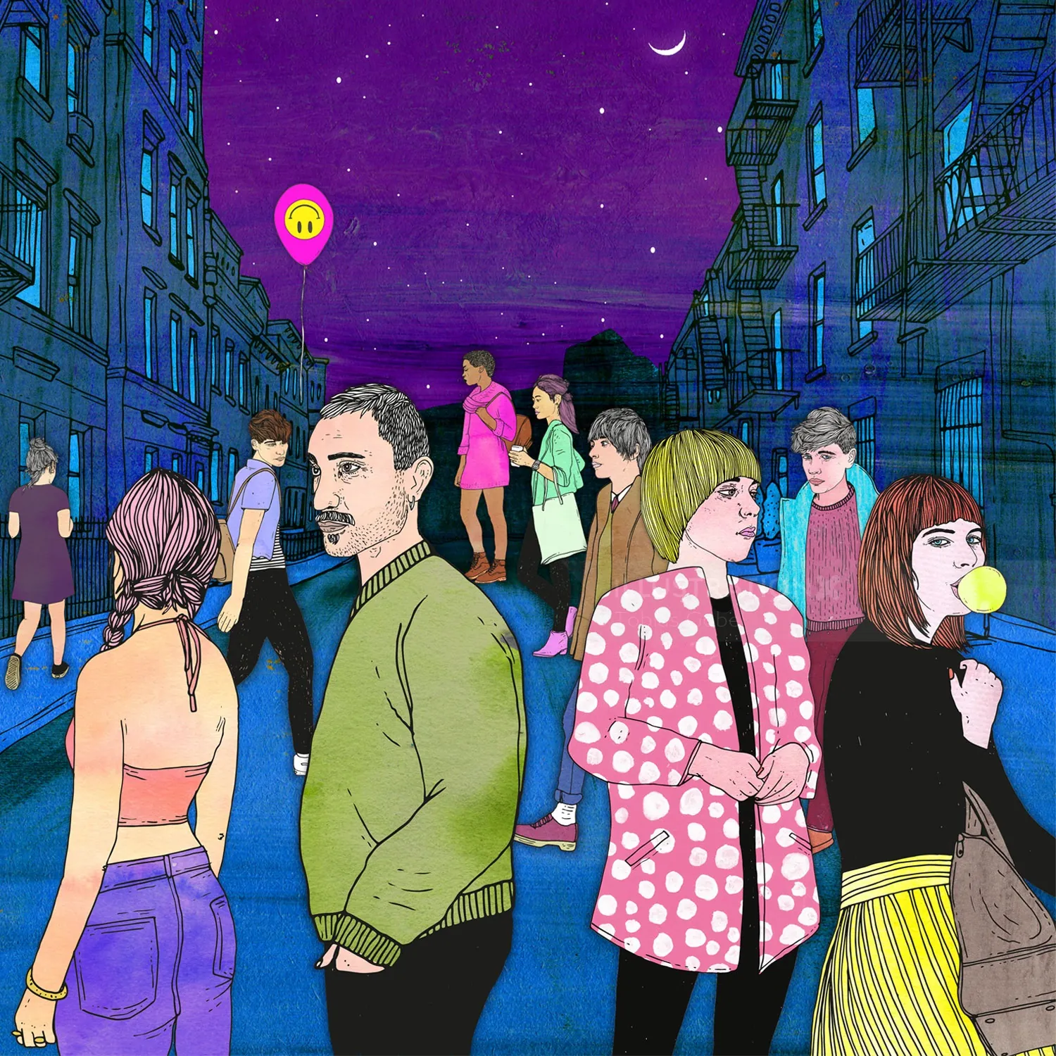 Urban street scene at night with various people under starry sky by Tobias Göbel