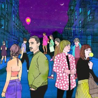 Urban street scene at night with various people under starry sky by Tobias Göbel