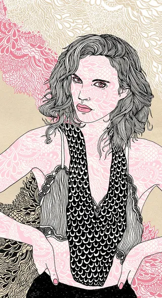 Stylized portrait of a woman with dark hair and patterned background by Tobias Göbel