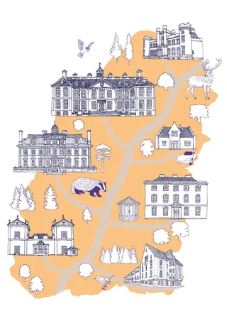 Illustrated map with historic buildings, trees, trails, and a deer by Tobias Göbel