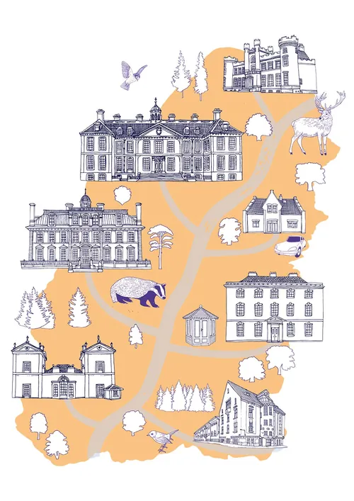 Illustrated map with historic buildings, trees, trails, and a deer by Tobias Göbel