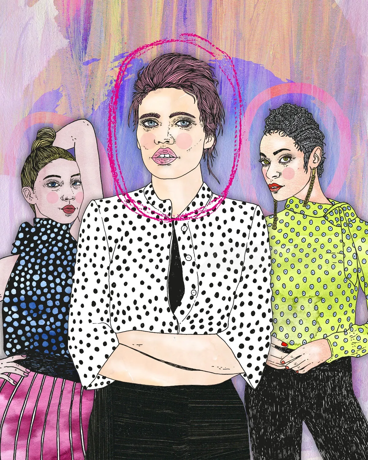 Three women wearing polka dot tops with different colors by Tobias Göbel