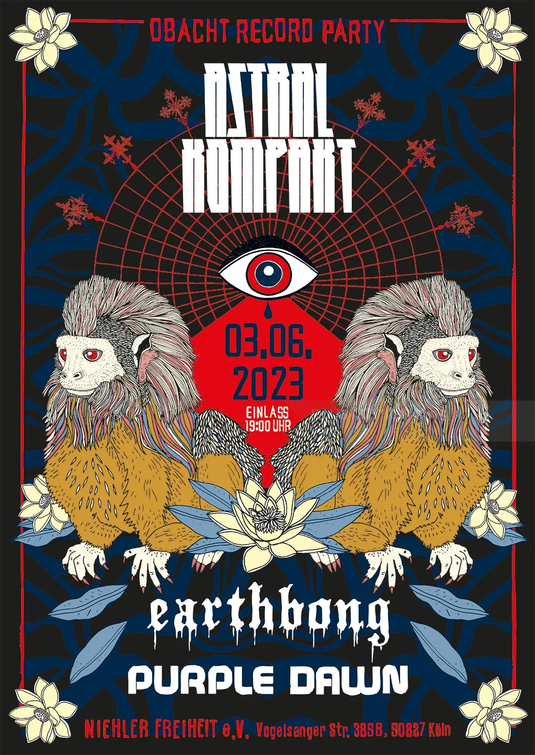 Concert poster with lion illustrations and event text by Tobias Göbel