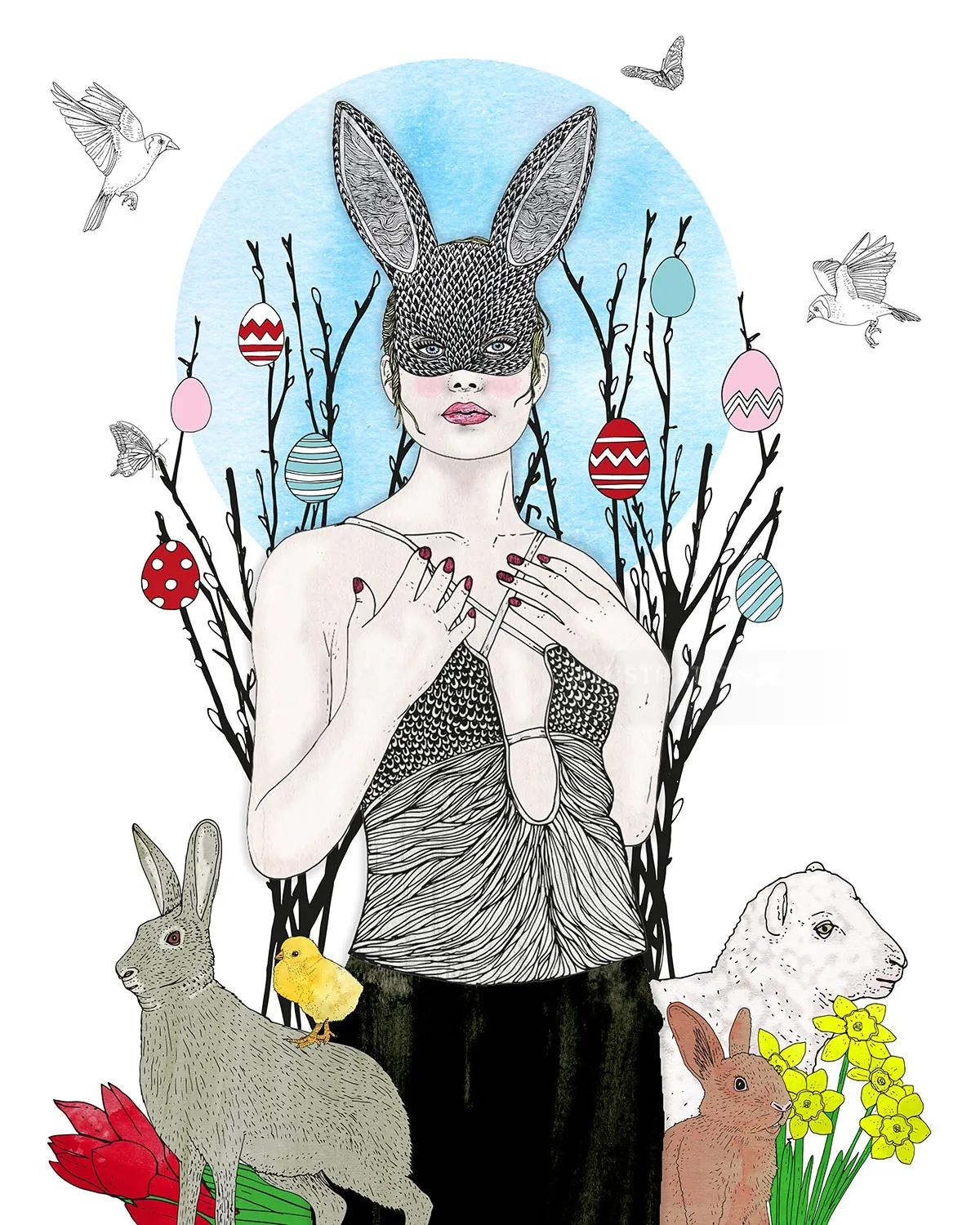 Woman in rabbit mask with Easter eggs, birds, and animals by Tobias Göbel